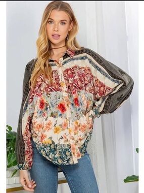NWOT Young Threads Embroidered Floral Button-Down Boho Blouse